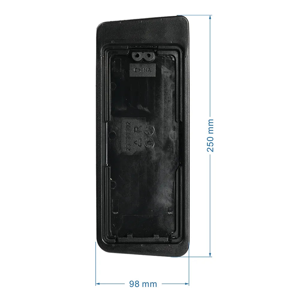 The Refurne Haworth Very Chair Replacement Arm Pads – Black (Pair) feature a black plastic rectangular casing, 250 mm high by 98 mm wide, perfect as ergonomic replacements for Haworth Very chairs. Shown on white background with blue dimension lines.