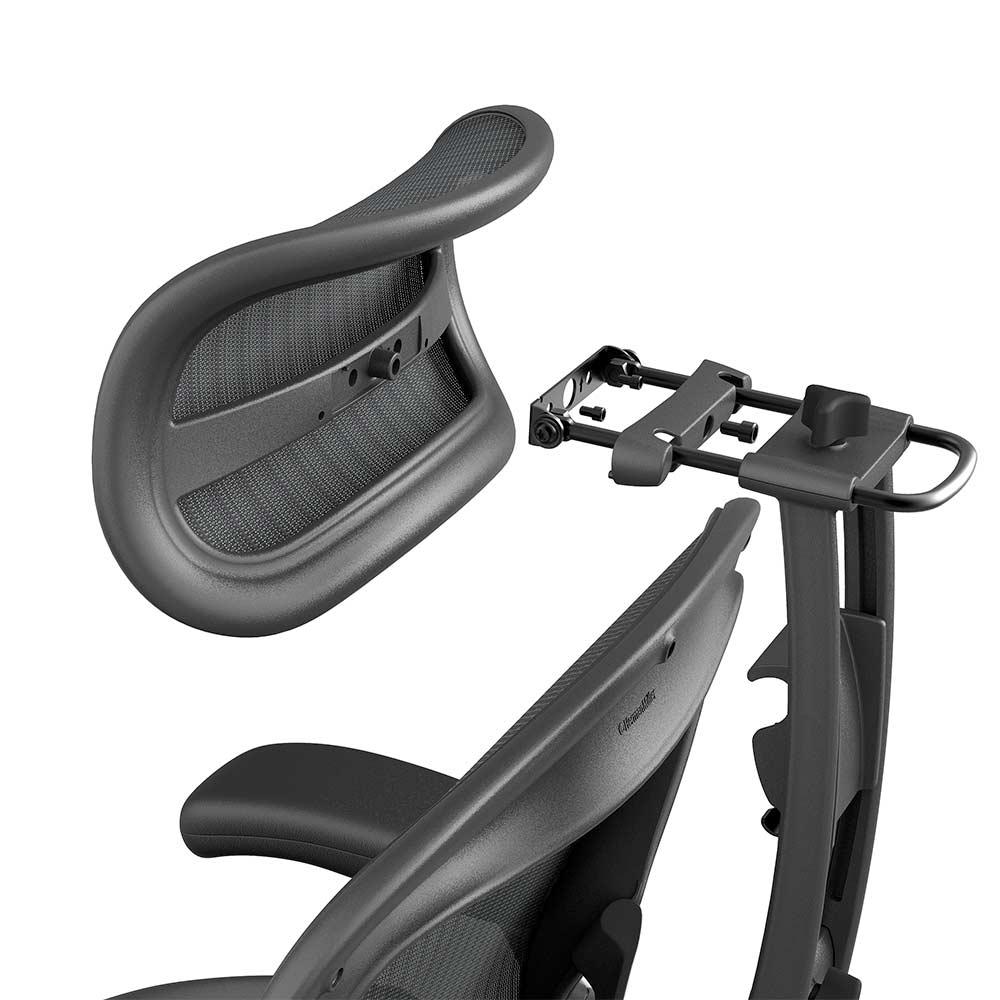 Close-up of the Refurne Atlas Headrest for Herman Miller Aeron Remastered Chair - Graphite, positioned above the chair’s backrest and ready to install for improved ergonomic support.