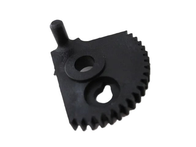 A black, semi-circular Refurne Tilt Limiter Sector Gear for Classic Herman Miller Aeron Chair (MK1 & MK2), featuring two holes, a protruding peg, and curved teeth—an essential replacement part—isolated on a white background.