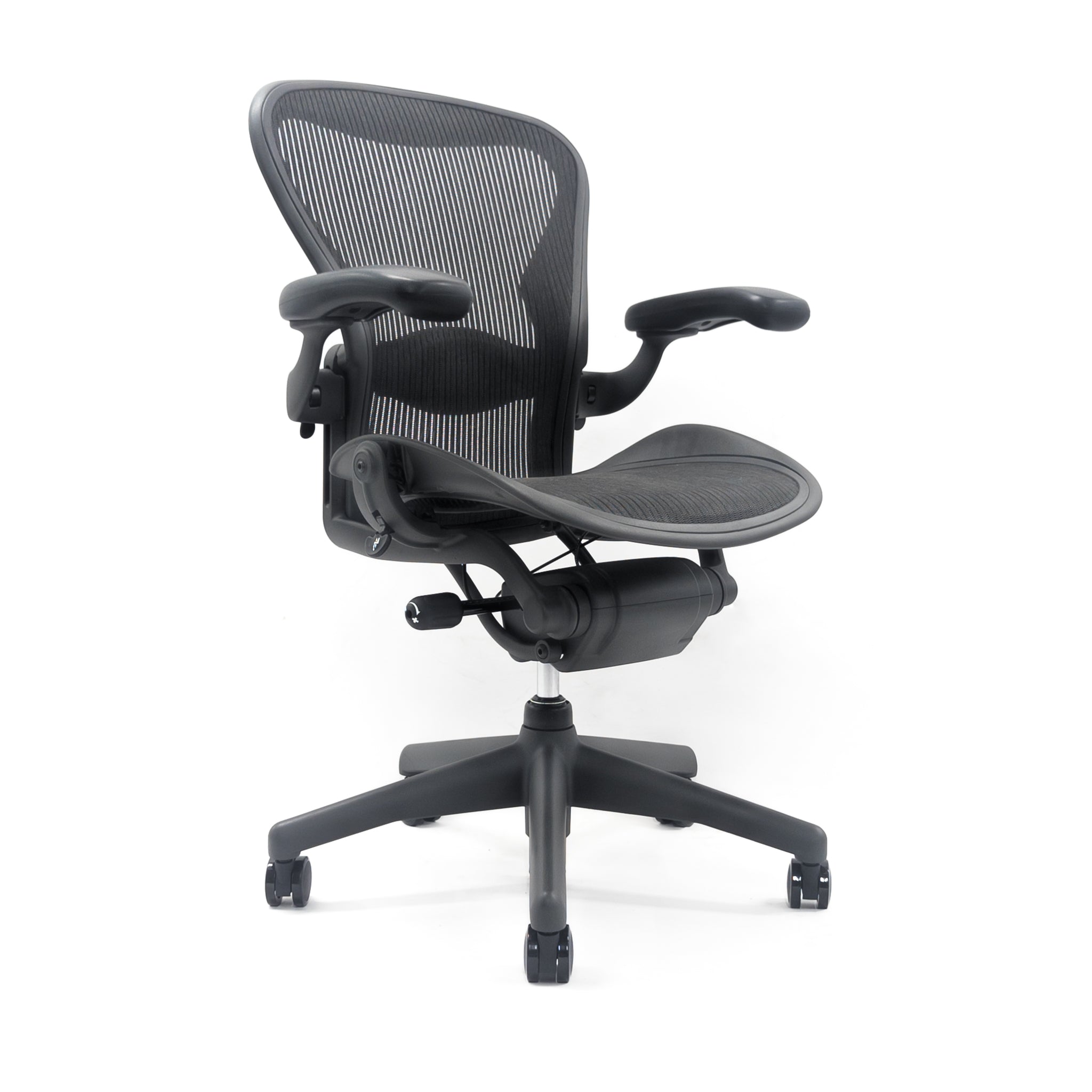 The Refurne Herman Miller Aeron Chair Size B (MK2) features a black mesh seat and backrest, adjustable arms, lumbar support, and a five-wheel base. Shown fully loaded on a white background.