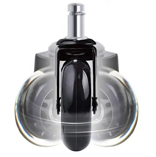 Front view of a Refurne Herman Miller Rollerblade Wheel (set of 5, 3-inch) with a clear caster and metal stem, offering smooth, silent gliding and universal fit—perfect for protecting hardwood floors.