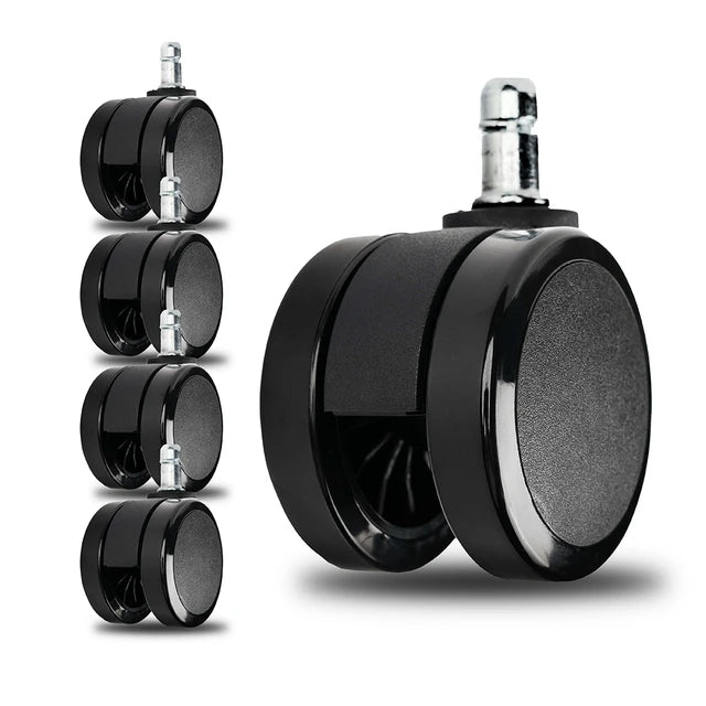 Five black caster wheels from the Refurne Herman Miller Aeron Size B Refurbish Kit are displayed on a white background—four stacked vertically on the left, one enlarged on the right—highlighting their details for Aeron chair upgrades.