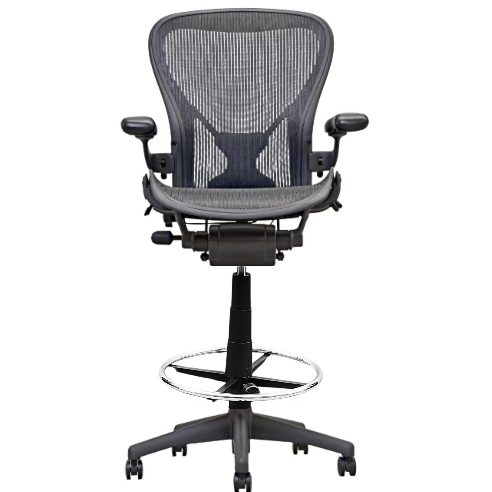 The Refurne Stool Conversion Kit for Herman Miller Aeron Chairs adds a modern mesh back, adjustable armrests, and a round foot ring—perfect for upgrading your drafting chair or as a standing desk accessory—shown on a plain white background.