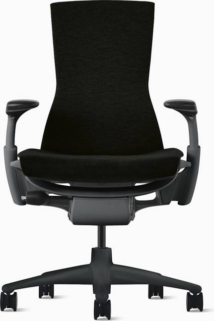 A modern black ergonomic Refurne office chair with adjustable armrests, featuring Herman Miller Embody Chair OEM Arm Pads in black vinyl with screws, a high backrest, and a five-wheel base, shown against a white background.