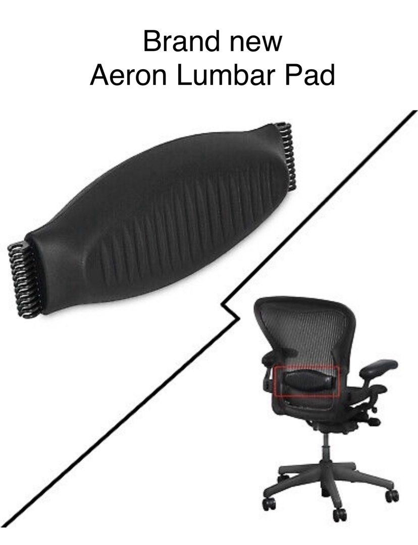 A Refurne Lumbar Support Height Adjustable for Herman Miller Aeron Chair (sizes A, B, C) is positioned above the chairs backrest. Red box highlights attachment area. Text: Upgrade your chair—height adjustable lumbar support included.
