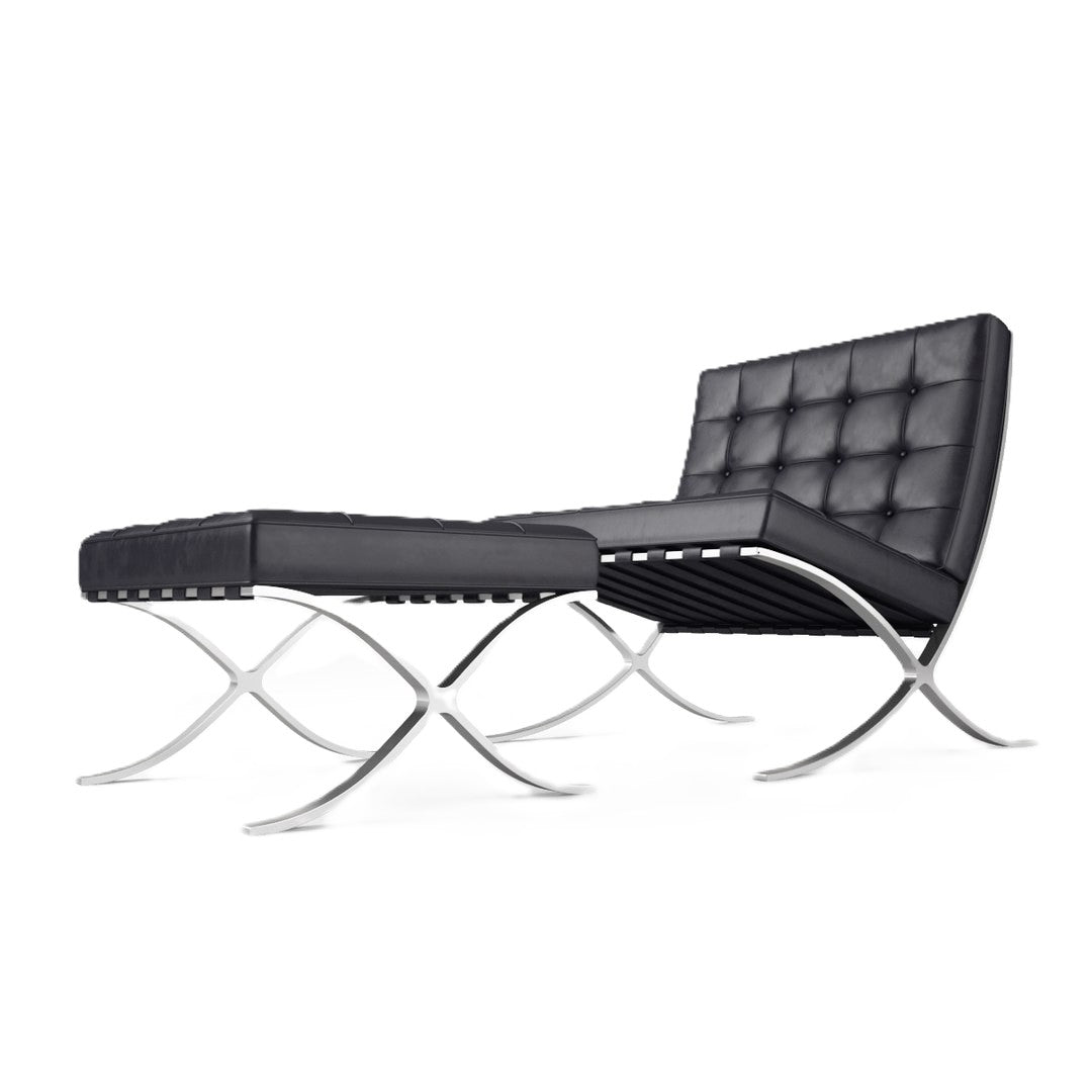 The Refurne Barcelona Style Chair & Ottoman Stool Set in black leather features tufted cushions and curved chrome legs, shown on a white background. Brand new.