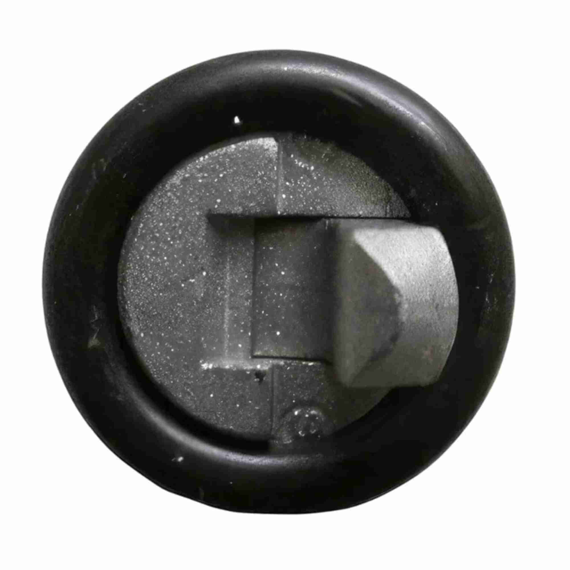 A close-up of a round, black and silver Side-Activated Gas Lift Cylinder for Steelcase Leap Chair V2 by Refurne, featuring a raised angled center section, shown against a white background.
