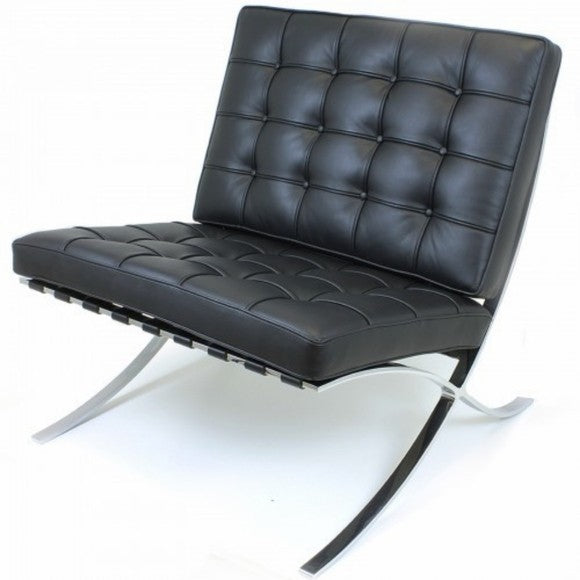 The Refurne Barcelona Style Chair & Ottoman Stool Set features brand new black leather cushions with square tufting and a sleek, curved metal frame, showcasing minimalist mid-century modern elegance.