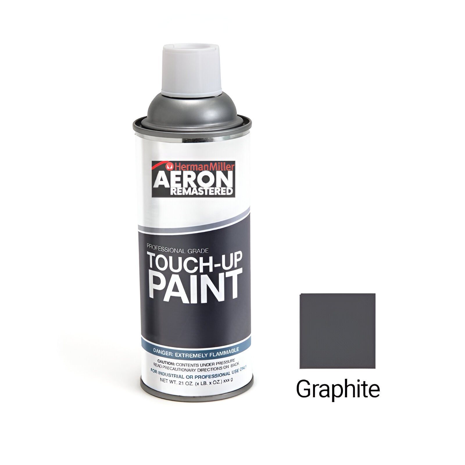 A 400ml can of Refurne Graphite Touch-Up Spray Paint for Herman Miller Aeron Remastered Chair (OEM colour match), pictured beside a sample square labeled Graphite—ideal for refurbishing your Aeron chair.