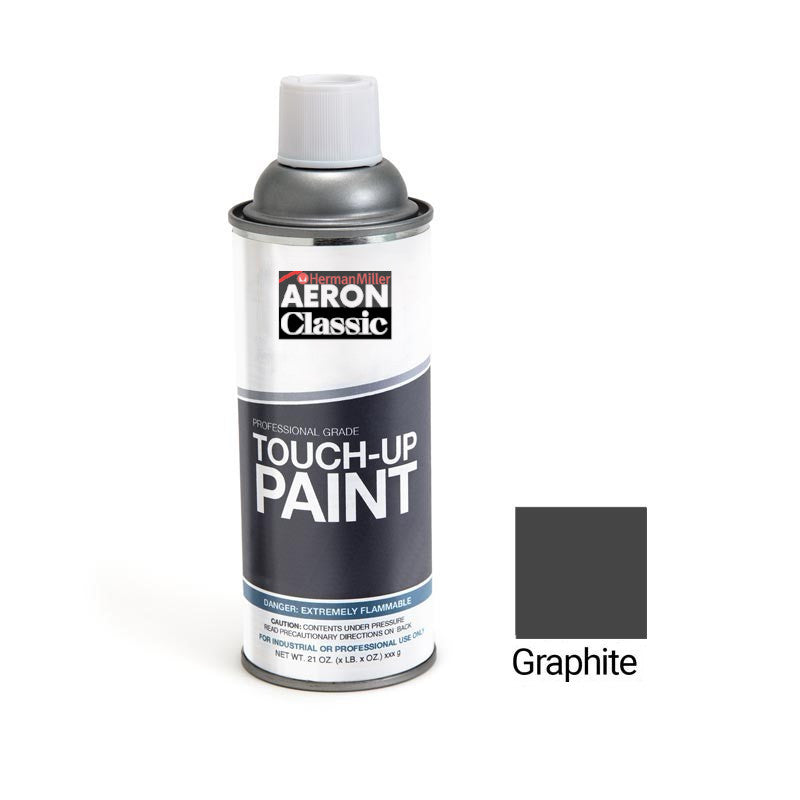 A 400ml can of Refurne Graphite Touch-Up Spray Paint for Herman Miller Aeron Classic MK1 & MK2 is shown beside a solid graphite swatch labeled Graphite, ideal for refurbishing your Aeron chair.