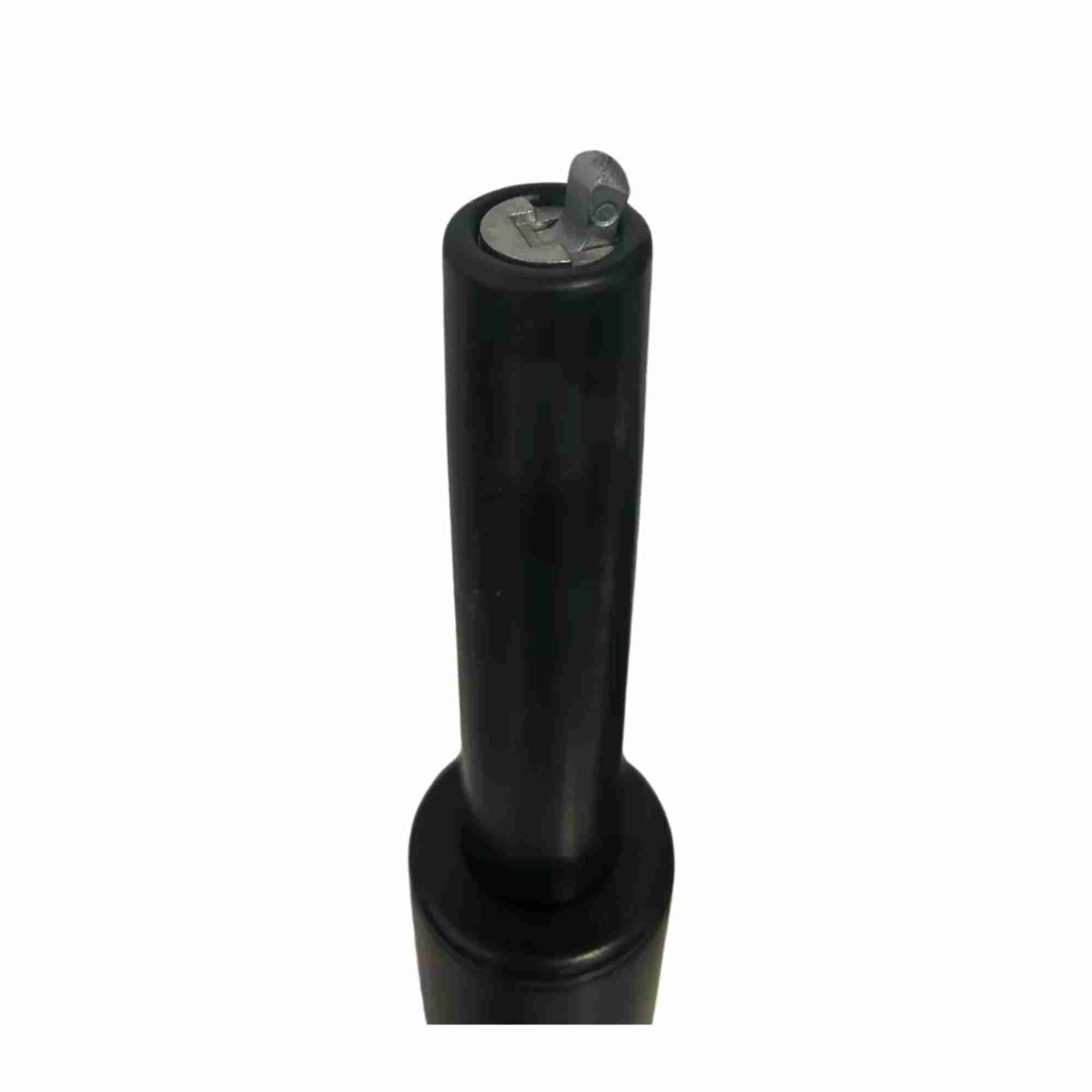 A close-up of a Refurne Side-Activated Gas Lift Cylinder for Steelcase Leap Chair V2, featuring a black finish, metal keyhole, and partially inserted silver key for height adjustment, set against a plain white background.