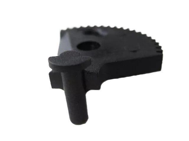 Close-up of a black Tilt Limiter Sector Gear with toothed edge and cylindrical extension, designed by Refurne as a replacement part for classic Herman Miller Aeron Chair (MK1 & MK2), isolated on white background.