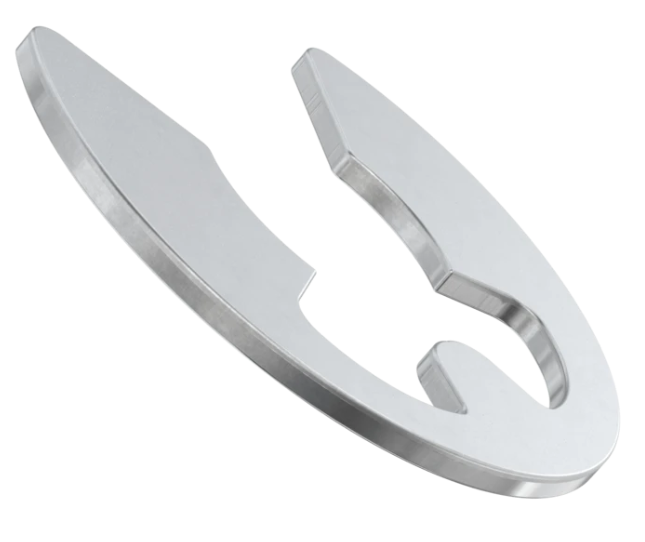A close-up of Refurnes Herman Miller Aeron E-Clips for Wobbly / Loose Arms, a shiny, crescent-shaped retaining ring with three prongs, shown on a white background—ideal for armrest repair and improving chair stability.