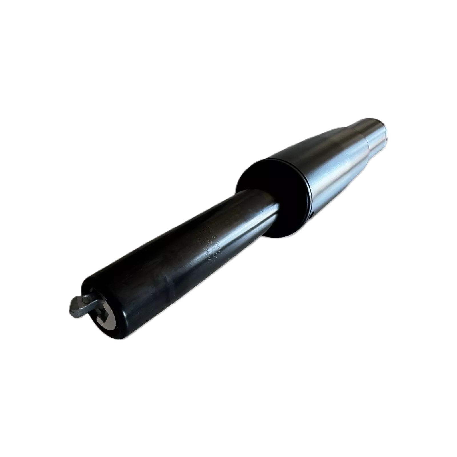 A Refurne Side-Activated Gas Lift Cylinder for Steelcase Leap Chair V2, black, with a side release lever for height adjustment, shown lying horizontally on a white background.