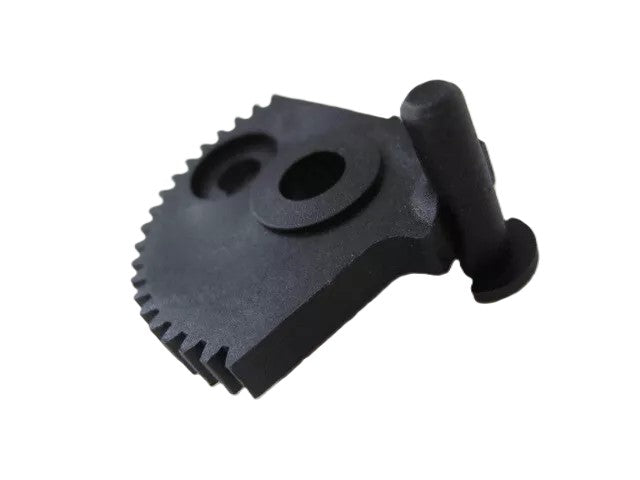 A close-up of the Refurne Tilt Limiter Sector Gear for Classic Herman Miller Aeron Chair (MK1 & MK2), a black, irregularly shaped replacement part with teeth on one side and a cylindrical post, shown isolated on a white background.