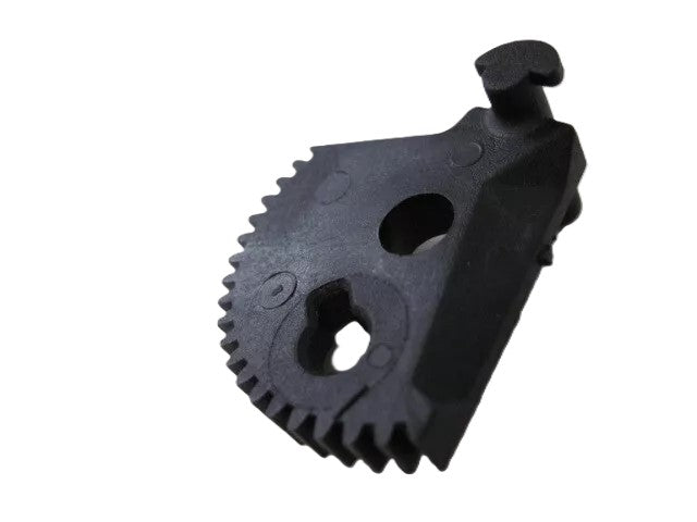 The Refurne Tilt Limiter Sector Gear for Classic Herman Miller Aeron Chair (MK1 & MK2) is a black plastic replacement part with jagged teeth, two circular holes, and a top tab, shown on a white background.