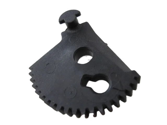A black, semi-circular plastic gear with toothed edge and two center holes—part of the Refurne Forward & Rear Tilt Cables For Herman Miller Classic Aeron chair (Fits Size A, B & C). Gear features a small knob on its flat side.