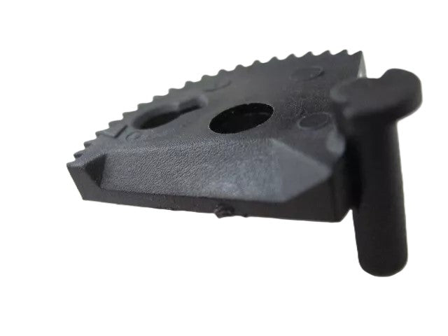 A close-up of a black, triangular Tilt Limiter Sector Gear for Classic Herman Miller Aeron Chair (MK1 & MK2) by Refurne, featuring serrated edges, two holes, and an attached cylindrical pin, isolated on a white background.