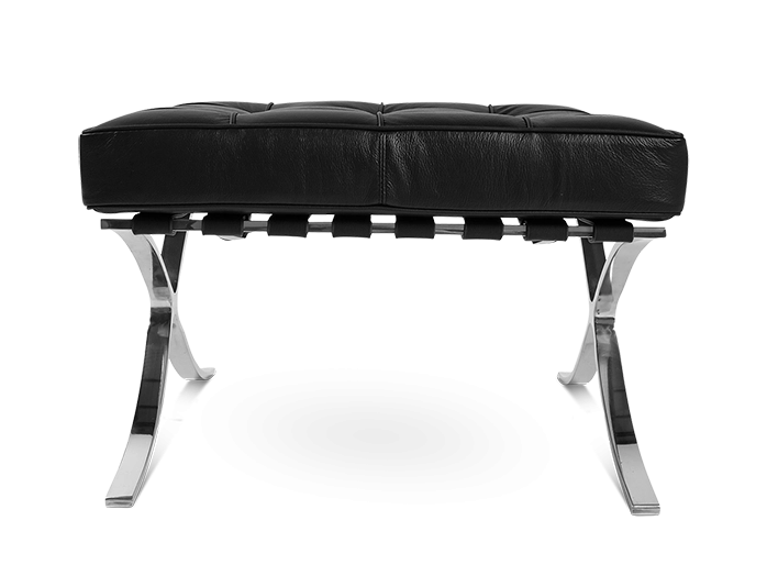 The Refurne Barcelona Style Chair & Ottoman Stool Set features black leather upholstery and sleek, curved chrome legs in true Mid-Century Modern design, shown from the front against a white background. Brand new.