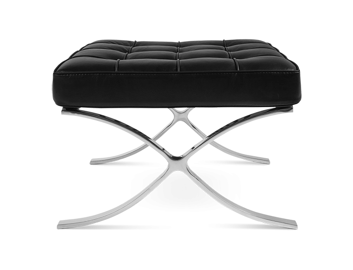 The Refurne Barcelona Style Chair & Ottoman Stool Set features black leather and a chrome X-shaped frame, inspired by Mid-Century Modern design, and is shown from the front against a white background. Brand new.