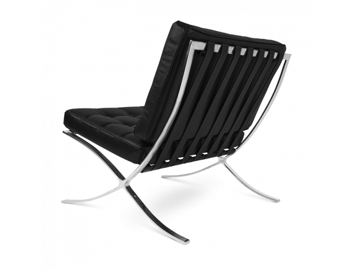 The Refurne Barcelona Style Chair & Ottoman Stool Set features black leather upholstery and a sleek stainless steel frame, highlighting its mid-century modern design. The brand new set is shown angled from the back on a white background.