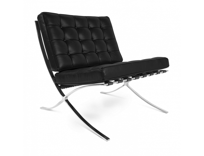 The Refurne Barcelona Style Chair & Ottoman Stool Set features black leather upholstery with a tufted back and seat, plus a sleek curved chrome frame and legs for an authentic mid-century modern look. Brand new.