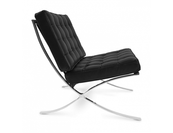 The Refurne Barcelona Style Chair & Ottoman Stool Set features black leather with tufted cushions and a sleek, curved chrome frame, shown from the side against a white background. Brand new.