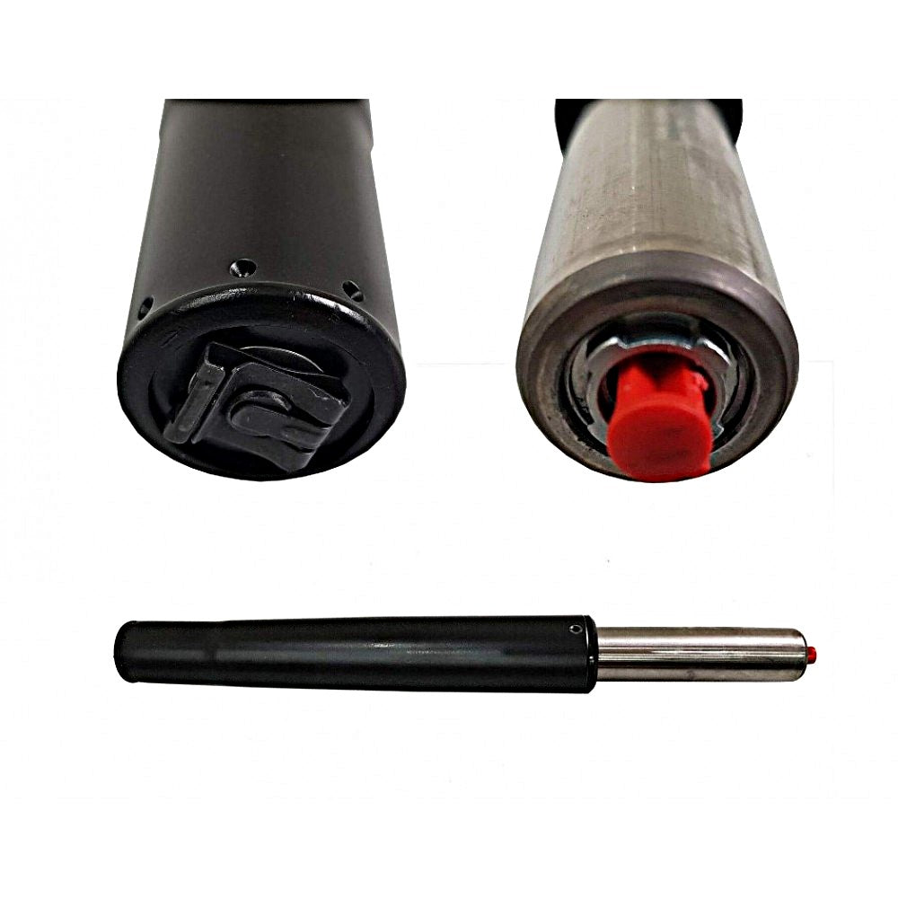 Three views of the Refurne Vitra Eames Replacement Gas Lift Cylinder (195mm/215mm/230mm), showing the black and silver base, top with red safety cap, and full cylinder length; compatible as a replacement part.
