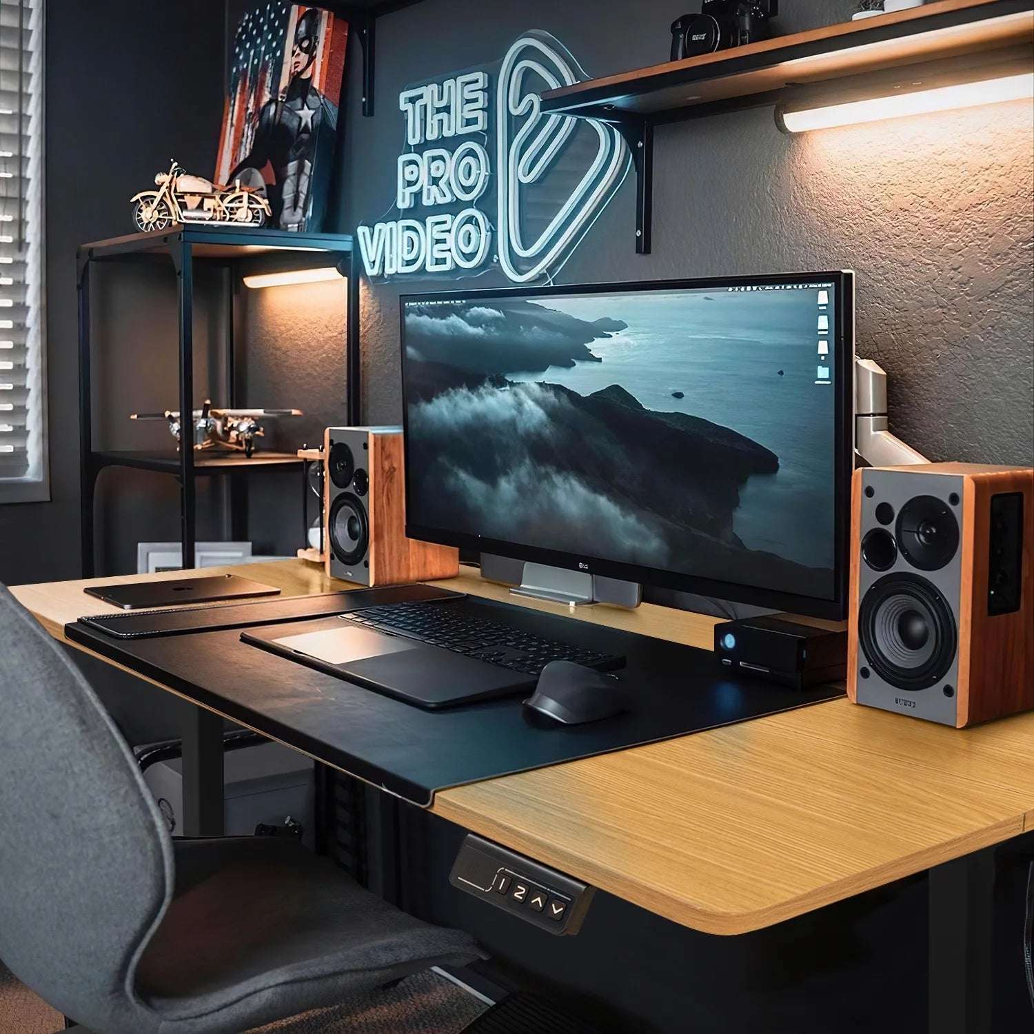 Electric Height Adjustable Stand-Up Desk – Beige Tabletop with Black Frame