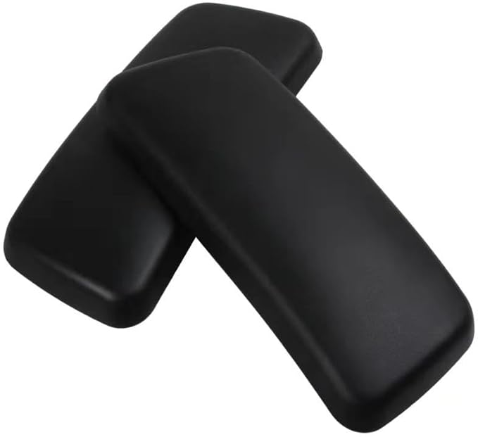 Two black Haworth Zody Chair Replacement Arm Pads (Pair) by Refurne are stacked on a white background—ideal for upgrading your chairs armrests.