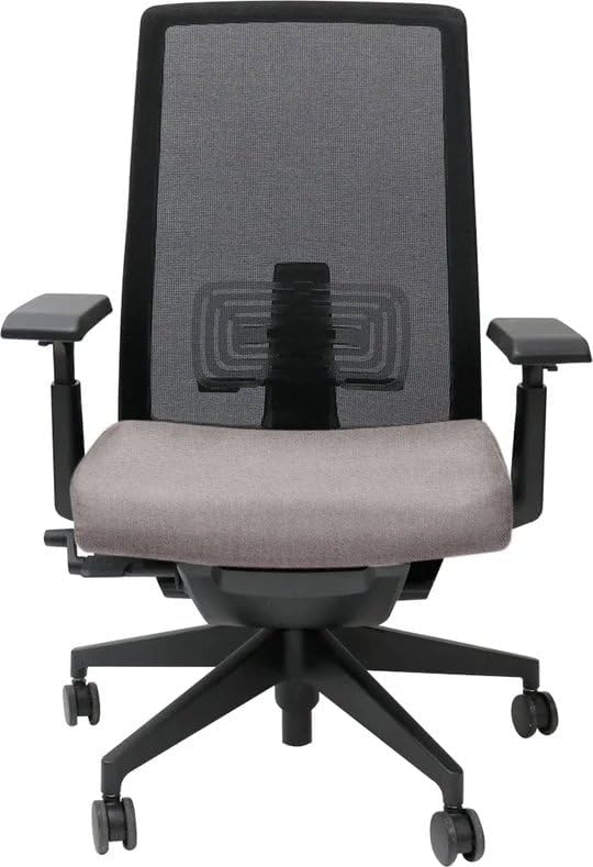 A modern ergonomic office chair with a black mesh backrest, gray cushioned seat, adjustable armrests, and five-wheel base. Compatible with Refurne Haworth Very Chair Replacement Arm Pads – Black (Pair) for enhanced comfort.