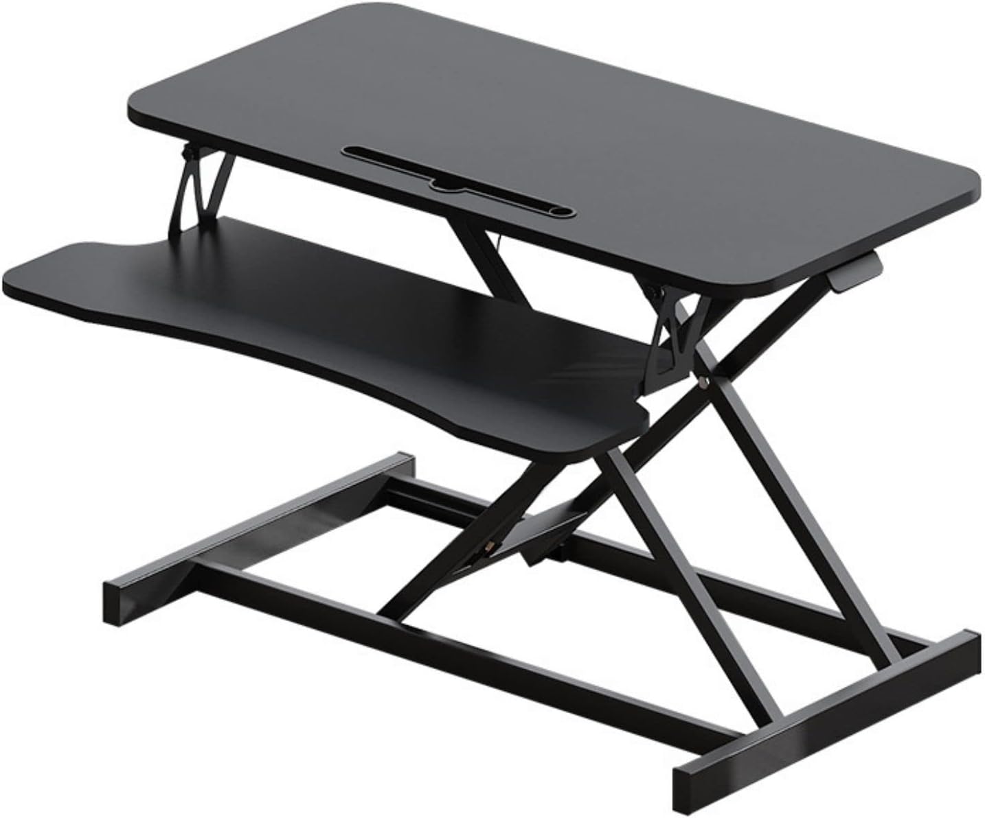 The Refurne Height Adjustable Standing Desk Riser Table features a black metal X-frame, main work surface, and lower keyboard tray, providing an ergonomic workstation for your office or home.