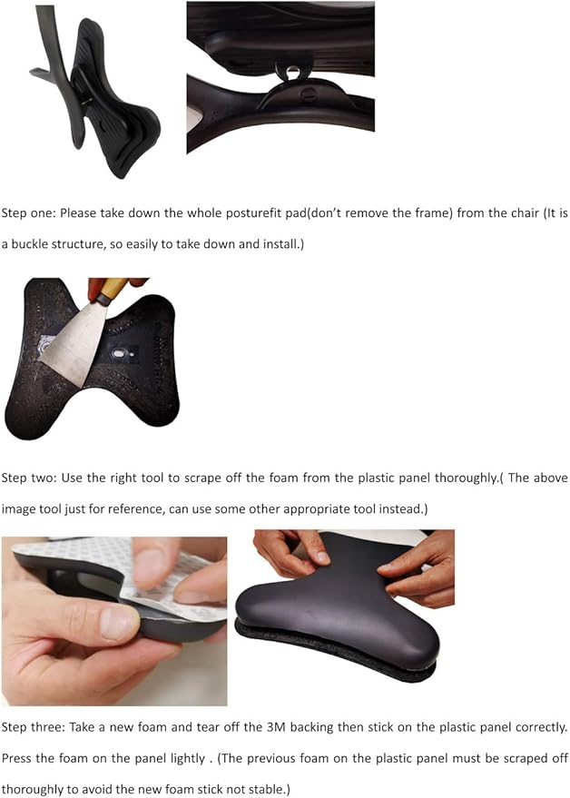 Step-by-step images show how to remove old foam, clean residue, and install the Refurne PostureFit Replacement Pad (New Foam Pad) with adhesive tape on a Herman Miller Aeron Classic Chair. Tools and hands guide the lumbar support upgrade.