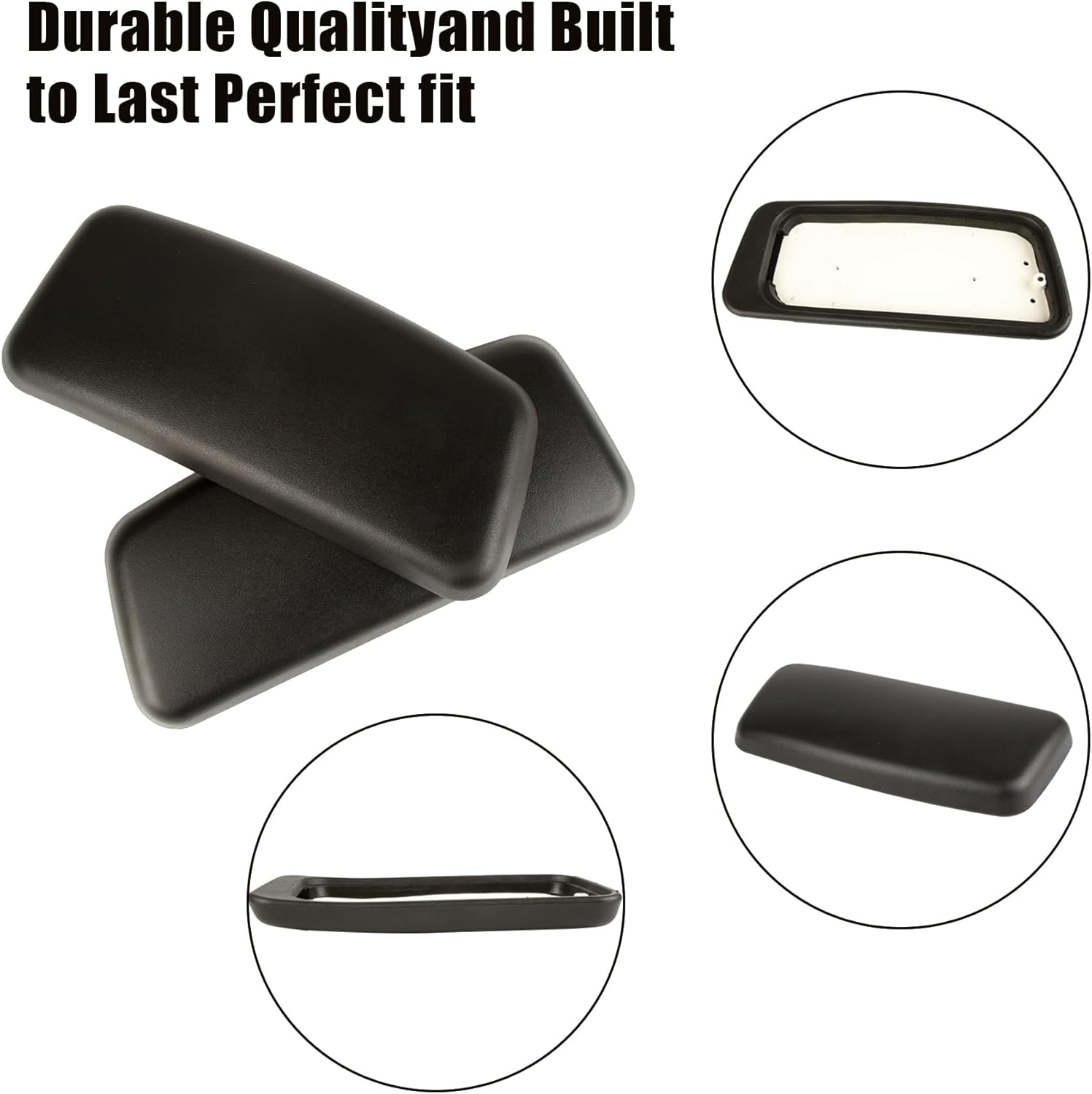 Refurne Haworth Zody Chair Replacement Arm Pads – Black (Pair) shown from various angles in circular frames, with Durable Quality, Built to Last at top left—perfect office chair accessory for upgrading your armrests.