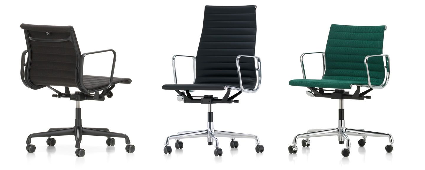 Three modern office chairs with ribbed upholstery and armrests—one black (back view), one tall black, and one green (both front view)—feature the Refurne Vitra Eames Replacement Gas Lift Cylinder (195mm/215mm/230mm) with caster wheels.