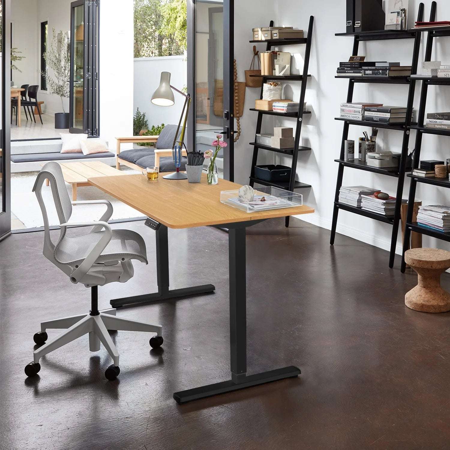 Electric Height Adjustable Stand-Up Desk – Beige Tabletop with Black Frame