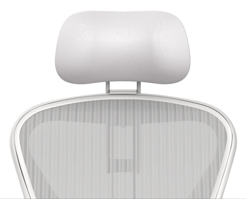 The Refurne Herman Miller Aeron Headrest by Atlas – Cushion Edition (Mineral) features ergonomic support and a white mesh backrest, displayed against a plain white background.