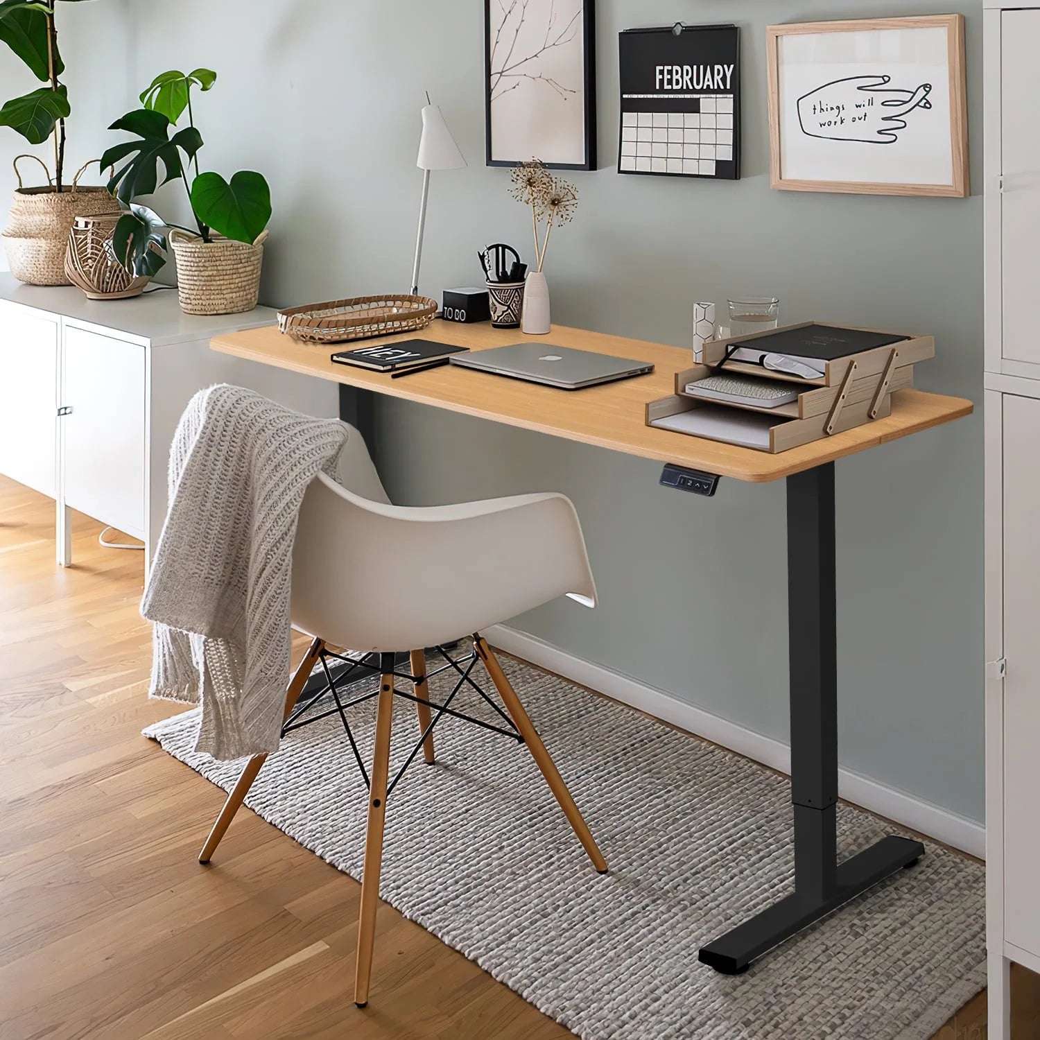 Electric Height Adjustable Stand-Up Desk – Beige Tabletop with Black Frame