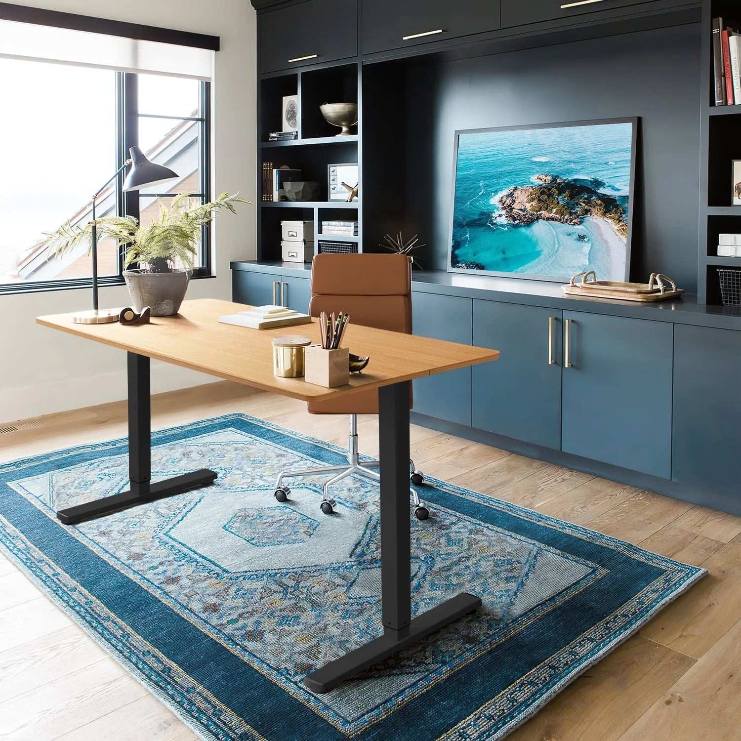 Electric Height Adjustable Stand-Up Desk – Beige Tabletop with Black Frame