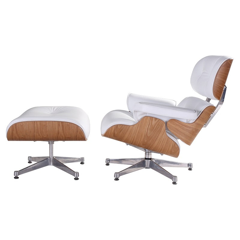 Eames Style Lounge Chair & Ottoman – White Italian Leather with Ash Wood Finish (NEW)