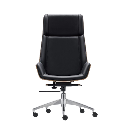 Premium High Back Office Chair  Black Italian Genuine Leather | Walnut Wood Frame | Chrome Base