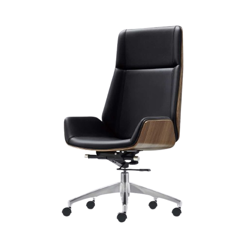 Premium High Back Office Chair  Black Italian Genuine Leather | Walnut Wood Frame | Chrome Base