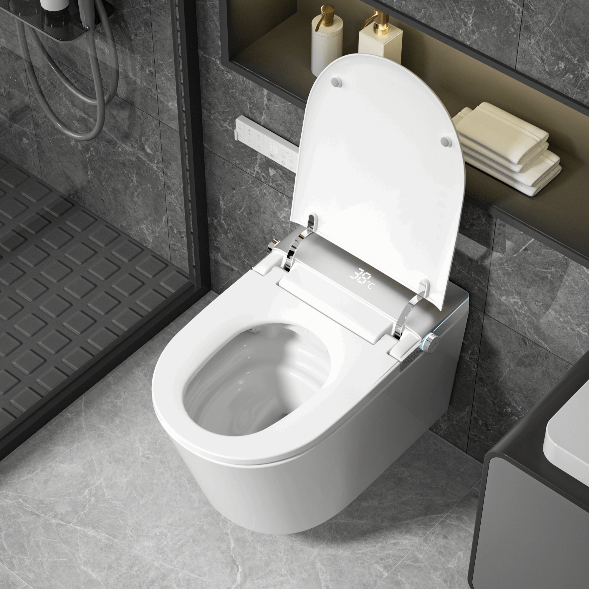 Modern Japanese Wall-Mounted Smart Toilet with Heated Seat, Remote Control, and Advanced Hygiene Features