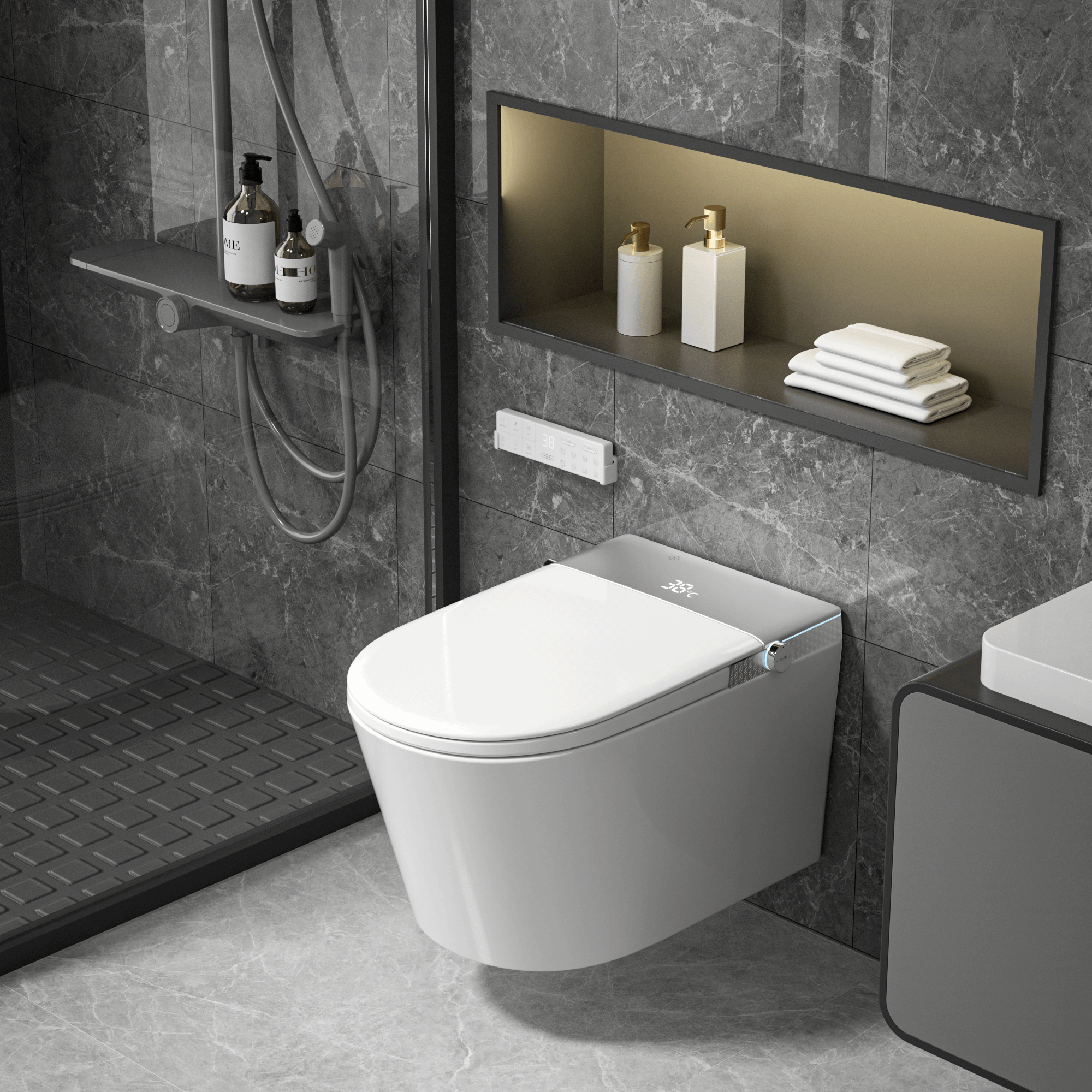 Modern Japanese Wall-Mounted Smart Toilet with Heated Seat, Remote Control, and Advanced Hygiene Features