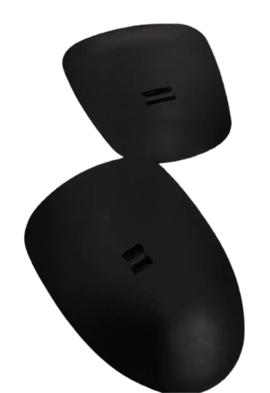 Two black plastic pads with curved surfaces and center slots, overlapping each other, match the Refurne PostureFit SL Back Support Pads (Top and Bottom) for upgrading the Aeron Remastered ergonomic chair.