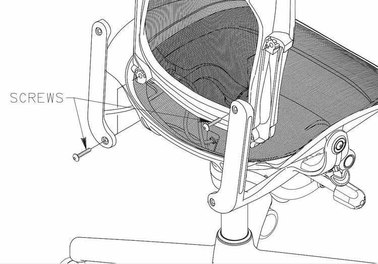 Line drawing of an office chair with mesh seat and back, like a Herman Miller Aeron. An arrow points to the side back pan bolts—Refurne Herman Miller Aeron Chair Back Pan Bolts—highlighting where to attach or adjust a replacement armrest.