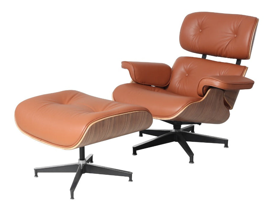 Eames Style Lounge Chair & Ottoman – Tan Italian Leather with Walnut Wood Finish
