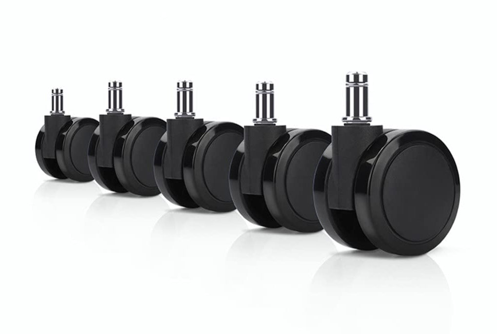 Five black Refurne Herman Miller Hard Floor Casters (60mm, standard pin) are displayed diagonally on a white background—perfect replacement wheels for hard floors or Herman Miller chairs.