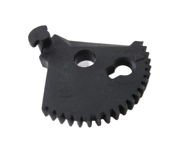 A black Tilt Limiter Sector Gear by Refurne, featuring a jagged edge, two center holes, and a small hook. Genuine replacement for Classic Herman Miller Aeron Chair (MK1 & MK2), shown against a white background.