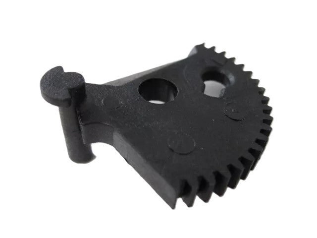The Refurne Tilt Limiter Sector Gear for Classic Herman Miller Aeron Chair (MK1 & MK2) is a black, semi-circular replacement part with a notched edge, two circular holes, and a short cylindrical peg.